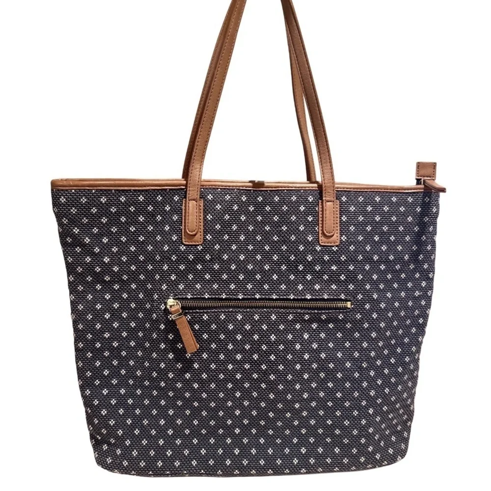 Talbots Woven Large Zip Tote Faux Leather Trimmed Nautical Blue White Dots EUC